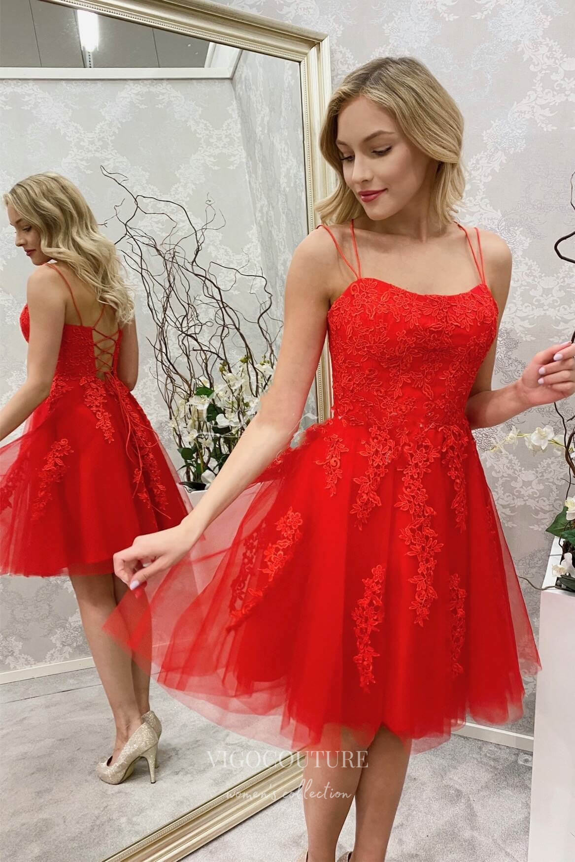 Cute Lace Applique Homecoming Dress with Spaghetti Strap hc265-Prom Dresses-vigocouture-Red-US0-vigocouture