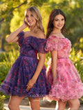 Cute Ruffled Tiered Floral Homecoming Dresses Puffed Sleeve Sweetheart Short Prom Dress hc441-Prom Dresses-vigocouture-Fuchsia-Custom Size-vigocouture