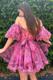 Cute Ruffled Tiered Floral Homecoming Dresses Puffed Sleeve Sweetheart Short Prom Dress hc441-Prom Dresses-vigocouture-Fuchsia-Custom Size-vigocouture