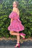 Cute Ruffled Tiered Floral Homecoming Dresses Puffed Sleeve Sweetheart Short Prom Dress hc441-Prom Dresses-vigocouture-Fuchsia-Custom Size-vigocouture