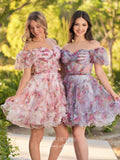 Cute Ruffled Tiered Floral Homecoming Dresses Puffed Sleeve Sweetheart Short Prom Dress hc441-Prom Dresses-vigocouture-Fuchsia-Custom Size-vigocouture