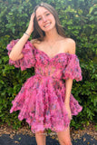 Cute Ruffled Tiered Floral Homecoming Dresses Puffed Sleeve Sweetheart Short Prom Dress hc441-Prom Dresses-vigocouture-Fuchsia-Custom Size-vigocouture