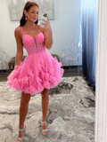 Cute Sparkly Ruffled Homecoming Dresses Spaghetti Strap Graduation Dress hc464-Prom Dresses-vigocouture-Pink-Custom Size-vigocouture