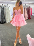 Cute Sweetheart Tiered Homecoming Dresses Strapless Lace Applique Graduation Dress hc453-Prom Dresses-vigocouture-Pink-Custom Size-vigocouture