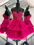 Cute Sweetheart Tiered Homecoming Dresses Strapless Lace Applique Graduation Dress hc453-Prom Dresses-vigocouture-Fuchsia-Custom Size-vigocouture