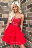 Cute Sweetheart Tiered Homecoming Dresses Strapless Lace Applique Graduation Dress hc453-Prom Dresses-vigocouture-Red-Custom Size-vigocouture