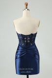 Dark Blue Strapless Homecoming Dresses Lace Applique Satin Bodycon Dress hc355-Prom Dresses-vigocouture-Dark Blue-Custom Size-vigocouture