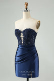 Dark Blue Strapless Homecoming Dresses Lace Applique Satin Bodycon Dress hc355-Prom Dresses-vigocouture-Dark Blue-Custom Size-vigocouture