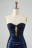 Dark Blue Strapless Homecoming Dresses Lace Applique Satin Bodycon Dress hc355-Prom Dresses-vigocouture-Dark Blue-Custom Size-vigocouture