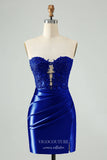 Dark Blue Strapless Homecoming Dresses Lace Applique Satin Bodycon Dress hc355-Prom Dresses-vigocouture-Royal Blue-Custom Size-vigocouture