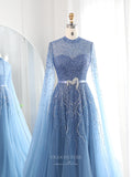 Dusty Blue Beaded Prom Dresses Extra Long Sleeve Pageant Dress 24433-Prom Dresses-vigocouture-Dusty Blue-US2-vigocouture