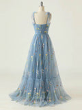 Dusty Blue Lace Applique Floral Prom Dresses Bow Tie Spaghetti Strap 24460-Prom Dresses-vigocouture-Dusty Blue-Custom Size-vigocouture