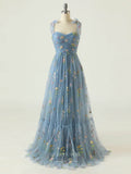 Dusty Blue Lace Applique Floral Prom Dresses Bow Tie Spaghetti Strap 24460