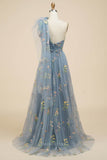 Dusty Blue Lace Applique Prom Dresses Bow Tie One Shoulder 24461-Prom Dresses-vigocouture-Dusty Blue-Custom Size-vigocouture