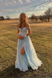 Dusty Blue Lace Applique Prom Dresses with Slit Sparkly Tulle Sheer Bodice 24298-Prom Dresses-vigocouture-Dusty Blue-Custom Size-vigocouture