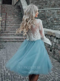 vigocouture-Dusty Blue Lace Homecoming Dress Long Sleeve Hoco Dress hc009-Prom Dresses-vigocouture-