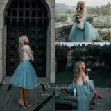 vigocouture-Dusty Blue Lace Homecoming Dress Long Sleeve Hoco Dress hc009-Prom Dresses-vigocouture-