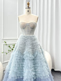 Dusty Blue Ruffled Tulle Prom Dresses Strapless Sheer Boned Bodice 24444-Prom Dresses-vigocouture-Dusty Blue-US2-vigocouture