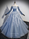 Dusty Blue Tulle Ruffled Prom Dresses Removable Long Sleeve Formal Gown 24413-Prom Dresses-vigocouture-Dusty Blue-Custom Size-vigocouture