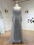 Elegant Beaded Mermaid Pageant Dresses Removable Overskirt Long Sleeve Evening Dress 25021-Prom Dresses-vigocouture-Silver-US2-vigocouture