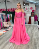 Elegant Chiffon Cape Sleeve Prom Dresses Beaded Shoulder Pleated Boidce 24323-Prom Dresses-vigocouture-Pink-Custom Size-vigocouture