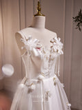 Elegant Floral Satin Hoco Dresses Spaghetti Strap Tea-Length Dress hc251-Prom Dresses-vigocouture-Ivory-Custom Size-vigocouture