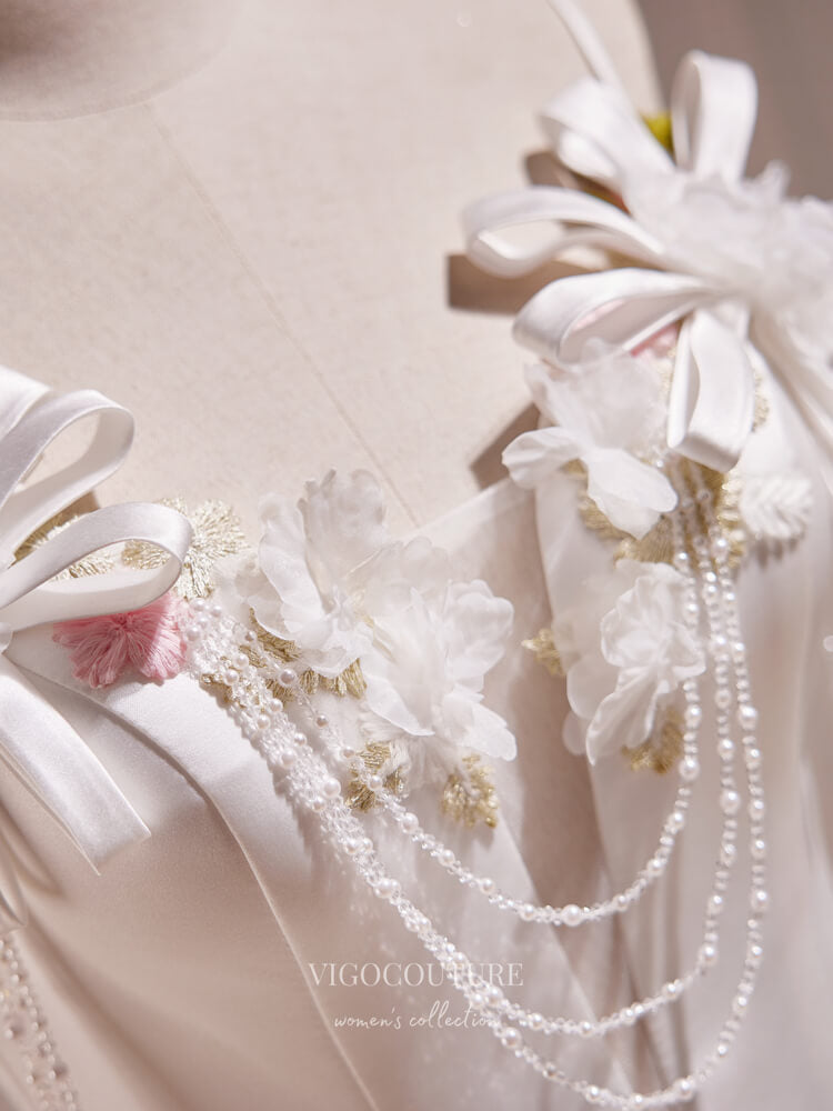 Elegant Floral Satin Hoco Dresses Spaghetti Strap Tea-Length Dress hc251-Prom Dresses-vigocouture-Ivory-Custom Size-vigocouture