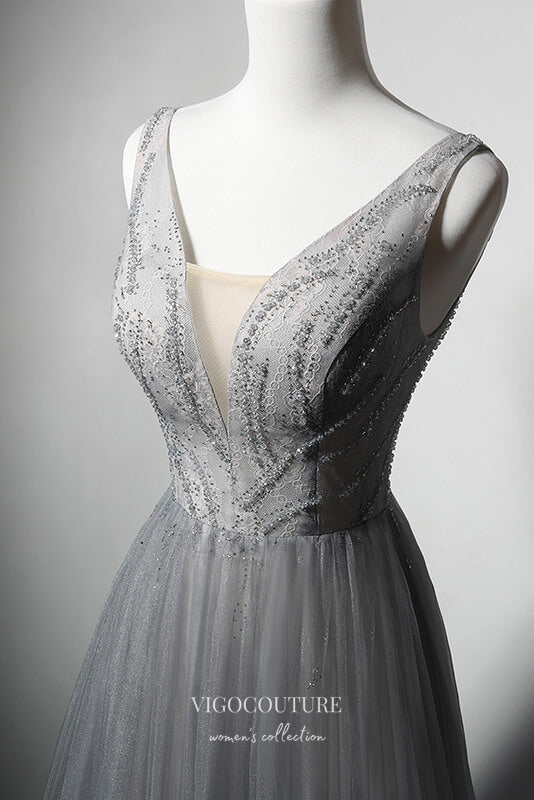Elegant Grey Beaded Prom Dress with Plunging V-Neck 22378-Prom Dresses-vigocouture-Grey-Custom Size-vigocouture