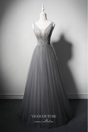 Elegant Grey Beaded Prom Dress with Plunging V-Neck 22378