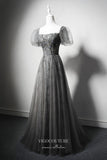 Elegant Grey Beaded Prom Dress with Puffed Sleeve 22377-Prom Dresses-vigocouture-Grey-Custom Size-vigocouture