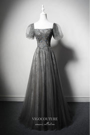 Elegant Grey Beaded Prom Dress with Puffed Sleeve 22377