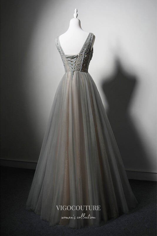 Elegant Grey Beaded Prom Dresses with V-Neck 22364-Prom Dresses-vigocouture-Grey-Custom Size-vigocouture