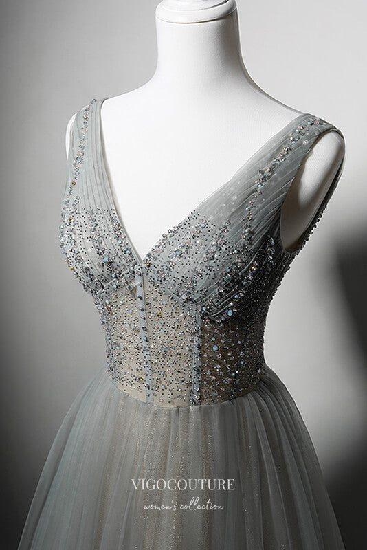 Elegant Grey Beaded Prom Dresses with V-Neck 22364-Prom Dresses-vigocouture-Grey-Custom Size-vigocouture