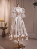 Elegant Lace Satin Prom Dresses Puffed Sleeve Tea-Length Dress hc254-Prom Dresses-vigocouture-Ivory-Custom Size-vigocouture