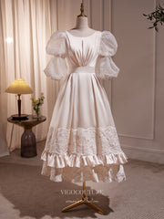 Elegant Lace Satin Prom Dresses Puffed Sleeve Tea-Length Dress hc254