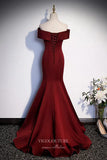 Elegant Off the Shoulder Satin Prom Dress with Removable Bow-Tie Train 22261-Prom Dresses-vigocouture-Burgundy-Custom Size-vigocouture