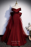 Elegant Off the Shoulder Satin Prom Dress with Removable Bow-Tie Train 22261-Prom Dresses-vigocouture-Burgundy-Custom Size-vigocouture