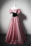 Elegant Pink Satin Prom Dress with Off-the-Shoulder 22379-Prom Dresses-vigocouture-Pink-Custom Size-vigocouture