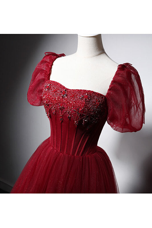 Elegant Red Beaded Prom Dresses with Puffed Sleeve 22365-Prom Dresses-vigocouture-Red-Custom Size-vigocouture
