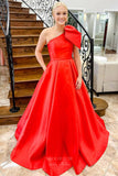 Elegant Satin Bow-Tie Cheap Prom Dresses One Shoulder Formal Gown 24349-Prom Dresses-vigocouture-Red-Custom Size-vigocouture