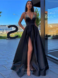 Elegant Satin Cheap Prom Dresses with Slit Spaghetti Strap 24312-Prom Dresses-vigocouture-Black-Custom Size-vigocouture