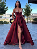 Elegant Satin Cheap Prom Dresses with Slit Spaghetti Strap 24312-Prom Dresses-vigocouture-Burgundy-Custom Size-vigocouture
