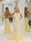 Elegant Spaghetti Strap V-Neck Prom Dresses Satin Mermaid Evening Dress 24060-Prom Dresses-vigocouture-Yellow-Custom Size-vigocouture
