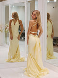 Elegant Spaghetti Strap V-Neck Prom Dresses Satin Mermaid Evening Dress 24060-Prom Dresses-vigocouture-Yellow-Custom Size-vigocouture