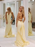 Elegant Spaghetti Strap V-Neck Prom Dresses Satin Mermaid Evening Dress 24060-Prom Dresses-vigocouture-Yellow-Custom Size-vigocouture