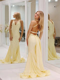 Elegant Spaghetti Strap V-Neck Prom Dresses Satin Mermaid Evening Dress 24060-Prom Dresses-vigocouture-Yellow-Custom Size-vigocouture