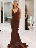 Elegant Spaghetti Strap V-Neck Prom Dresses Satin Mermaid Evening Dress 24060-Prom Dresses-vigocouture-Brown-Custom Size-vigocouture