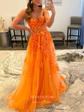 vigocouture-Orange Lace Applique Prom Dresses A-Line Strapless Formal Dresses 21568-Prom Dresses-vigocouture-