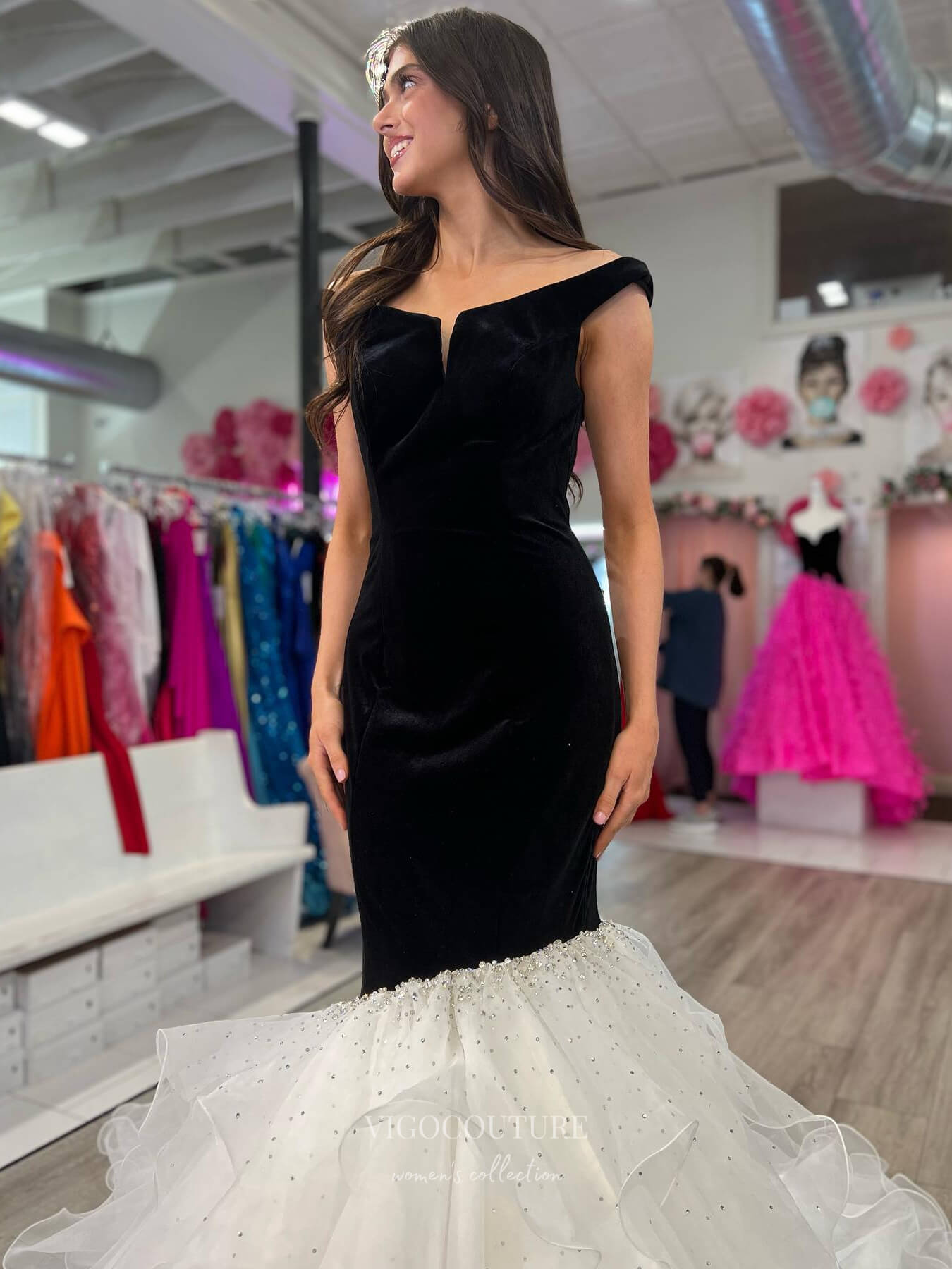 Elegant Tiered Mermaid Prom Dresses Velvet Off the Shoulder 24216-Prom Dresses-vigocouture-Black-Custom Size-vigocouture
