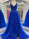 Elegant Tiered Prom Dresses with Slit Spaghetti Strap Lace Applique 24186-Prom Dresses-vigocouture-Blue-Custom Size-vigocouture